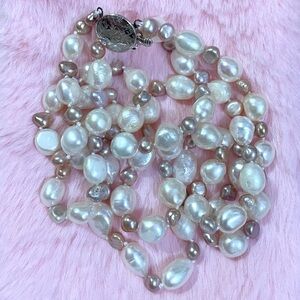 14K White Gold White Purple Baroque South Sea Pearl Double Layered Necklace 20”